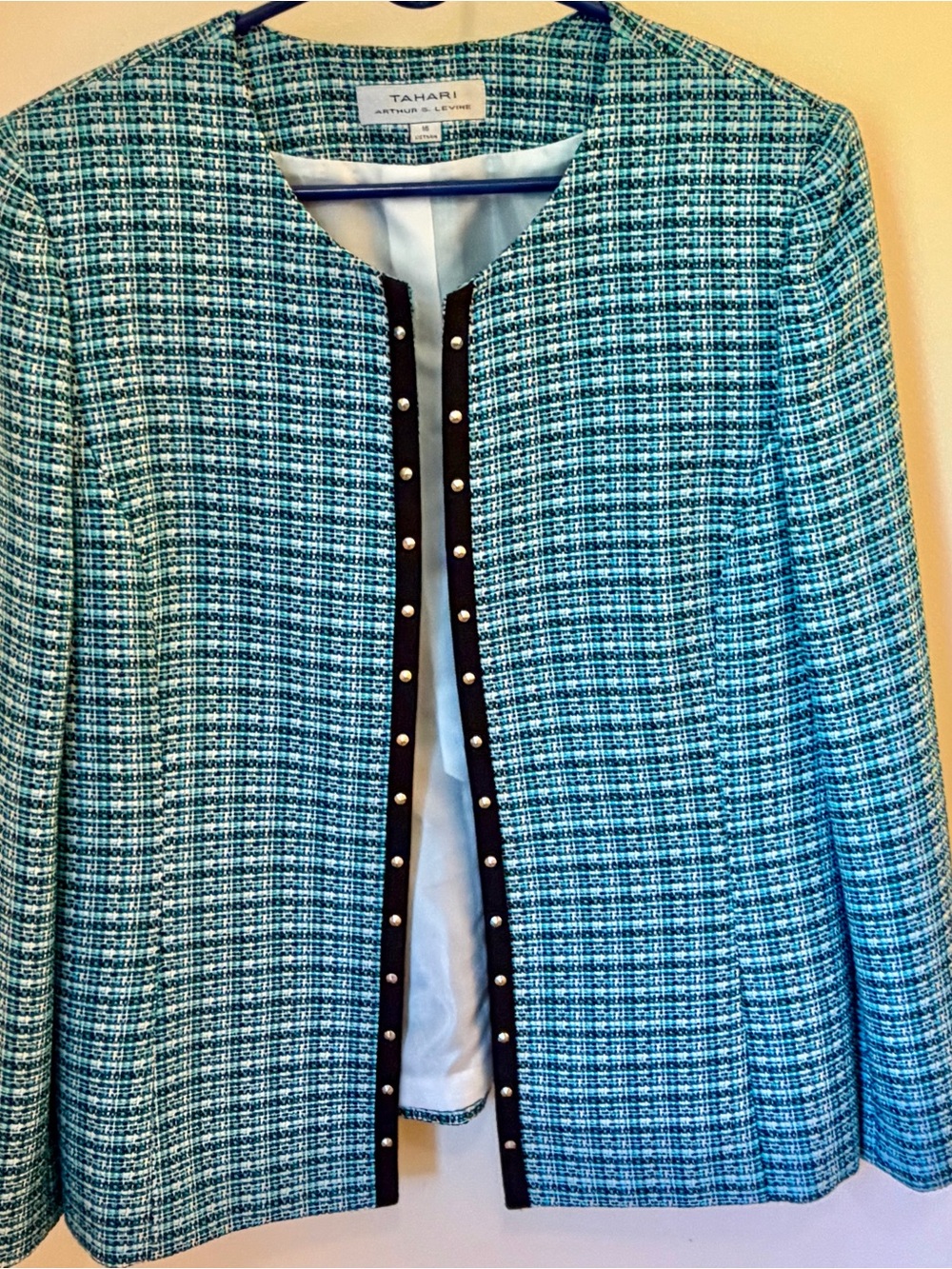 Tahari Teal and White Tweed Blazer with Pearl-Trim